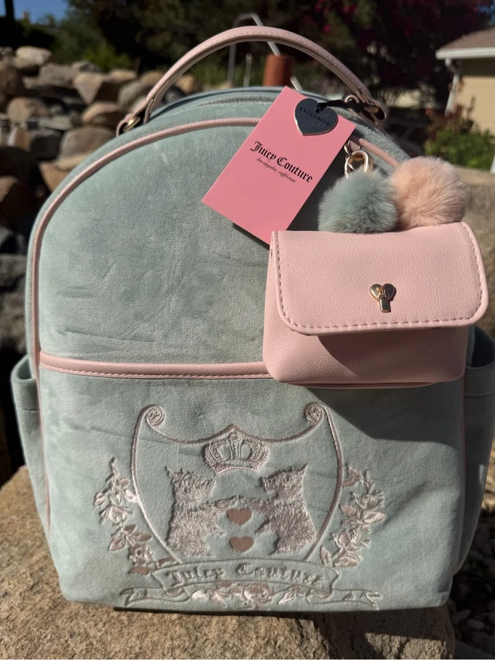 Juicy Couture Mint Green Velvet Backpack with Pink Trim & Pom Pouch